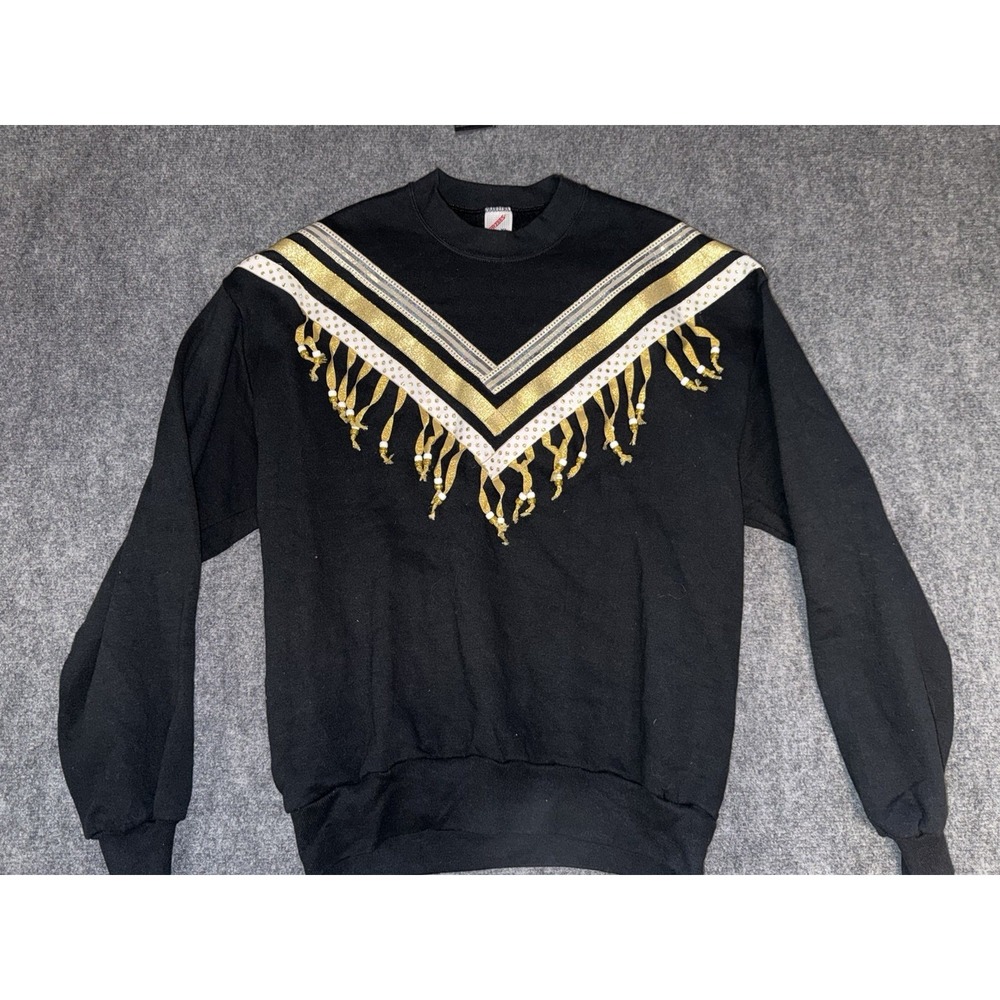 Vintage 80s Western Fringe Beaded Sweatshirt Black Gold Jerzees USA XL